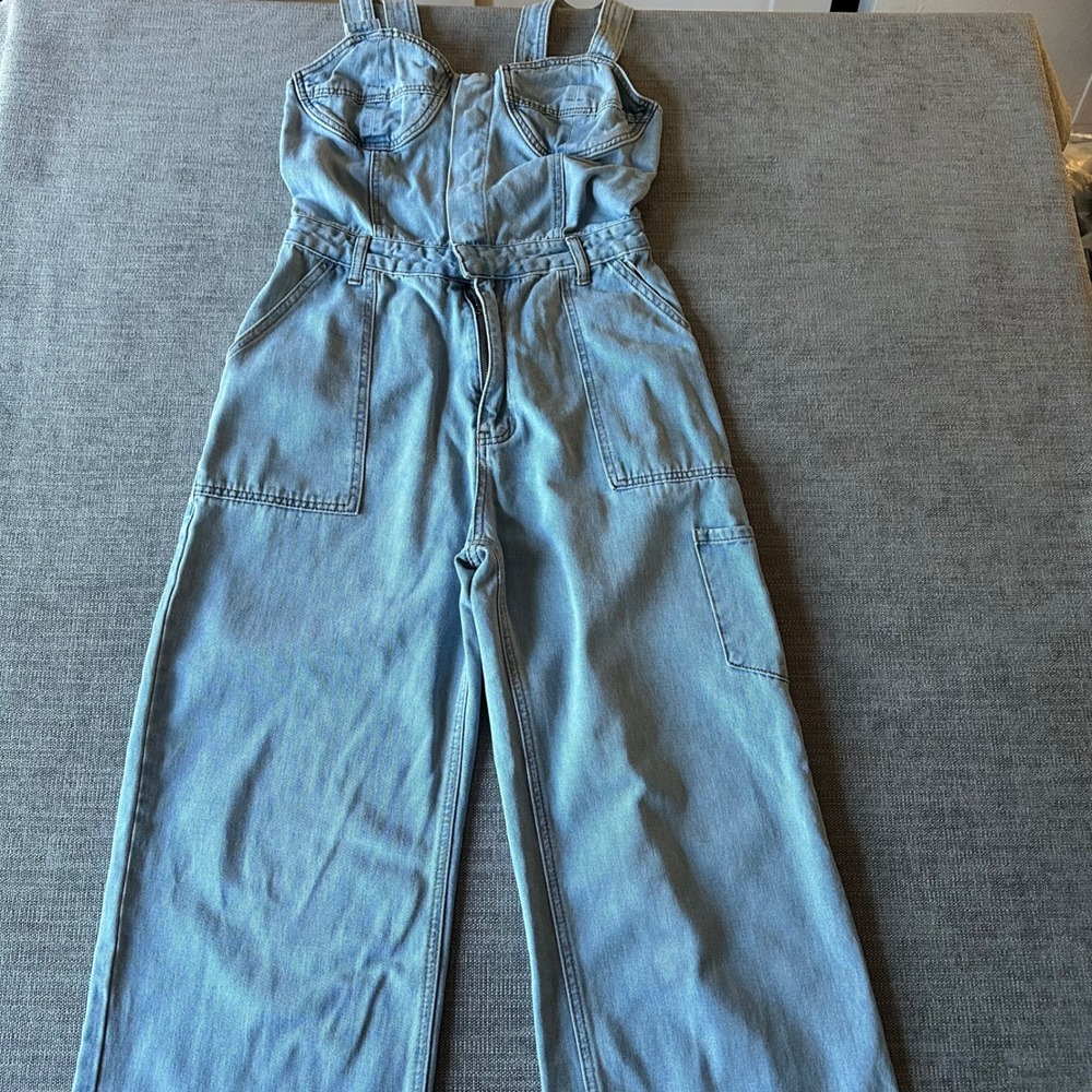 Emerson Lang Denim Jumpsuit Women Large Light Wash Bustier Wide Leg